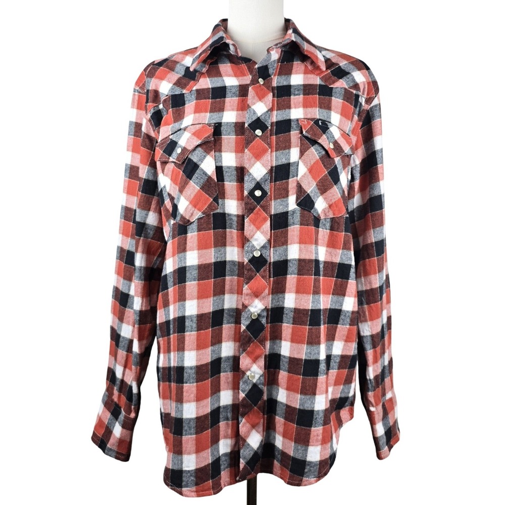 Wrangler Wrancher Western Shirt Women Large Rust Black Plaid Pearl Snap Cowgirl